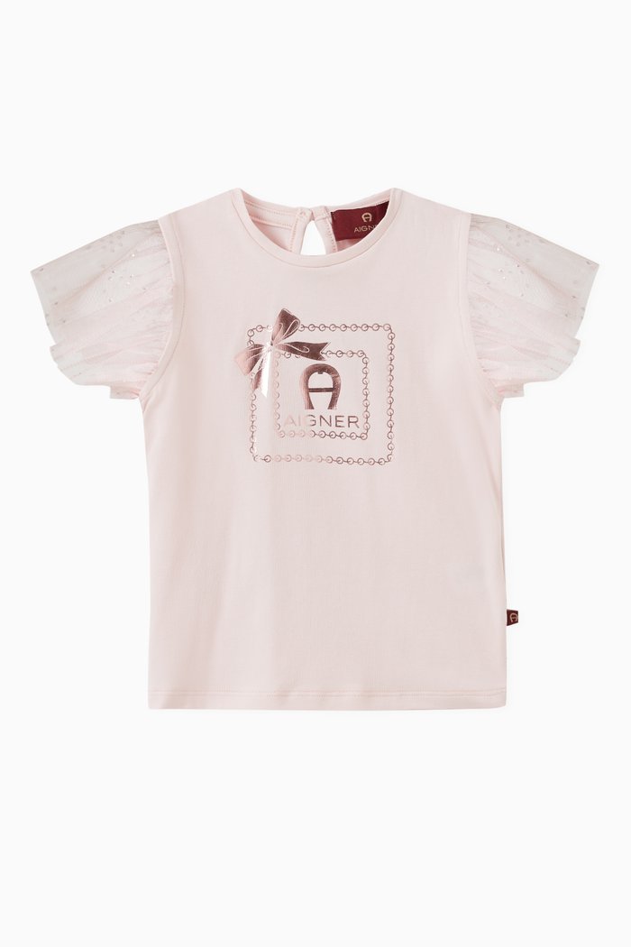 

Bow Logo Tulle Sleeve T-shirt in Jersey, Pink