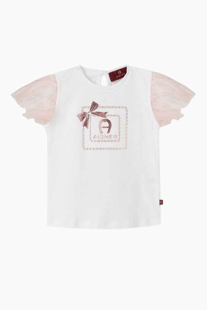 

Bow Logo Tulle Sleeve T-shirt in Jersey, White