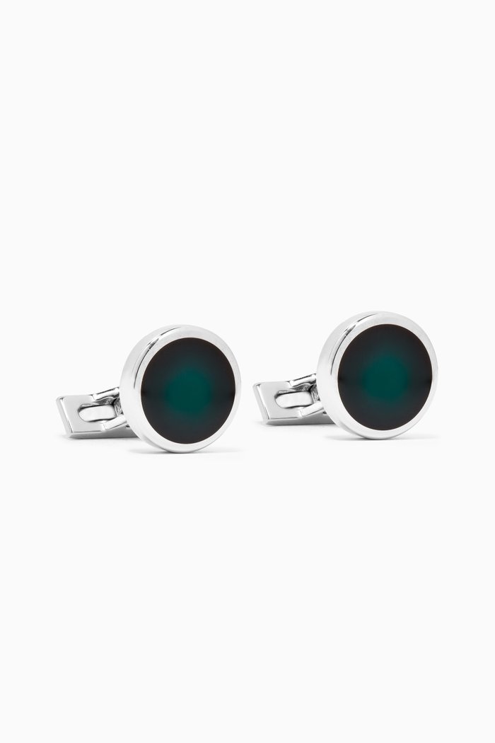 Round Lacquer Cufflinks in Silver, Green