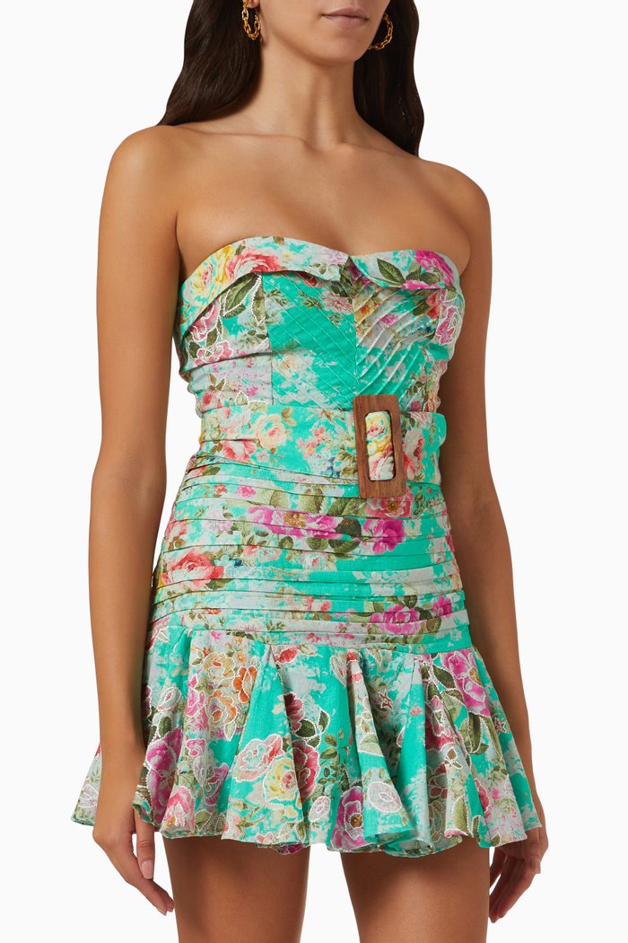 Floral Print Strapless Dress, Green