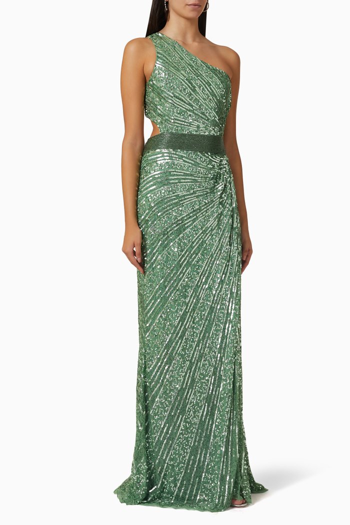

One Shoulder Gown in Sequin, Green