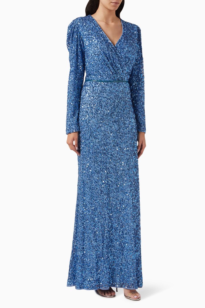 

Embellished Puff-sleeve Gown in Mesh, Blue
