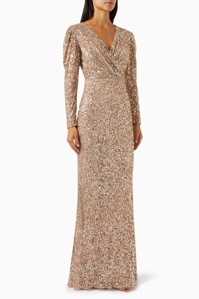 

Embellished Puff-sleeve Gown in Mesh, Gold