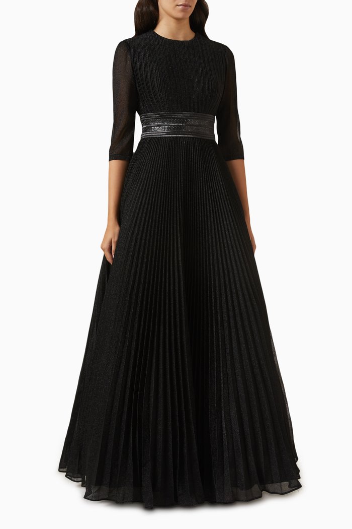 

Shimmering Pleated Gown in Mesh, Black