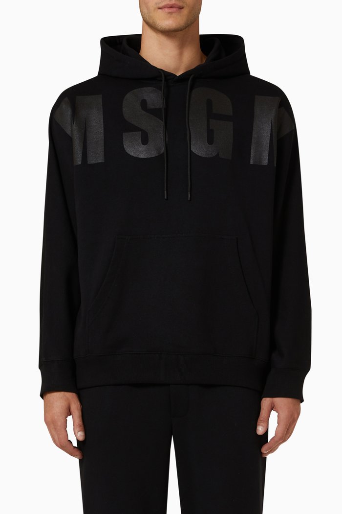 

Logo Print Hoodie in Cotton Fleece, Black