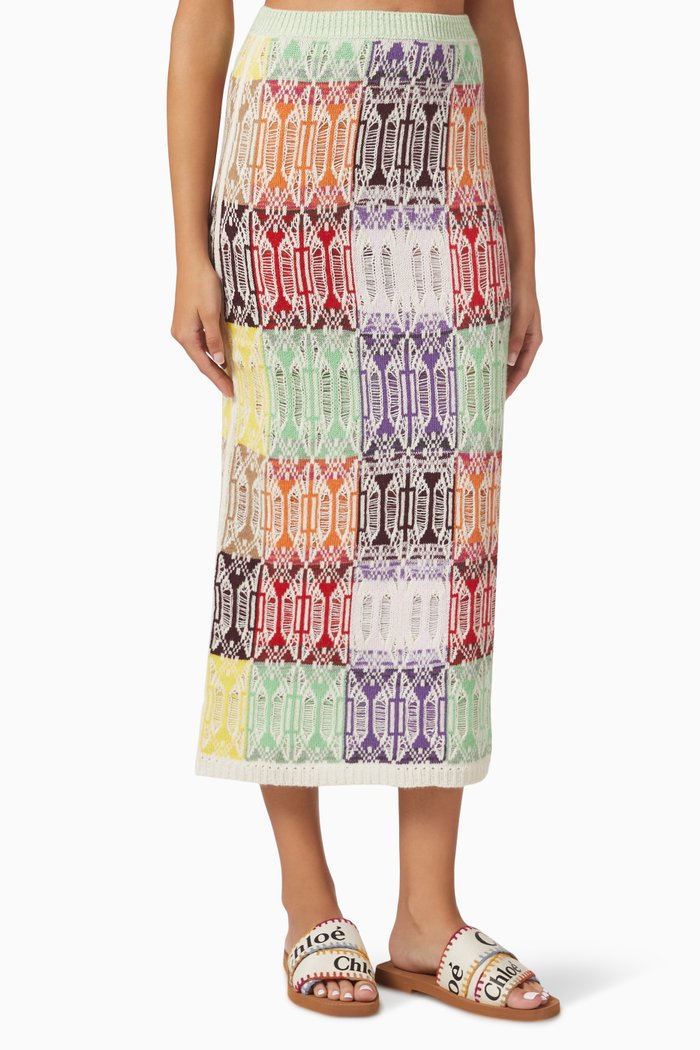 

Art Deco Jacquard Midi Skirt in Recycled Cashmere & Wool Knit, Multicolour