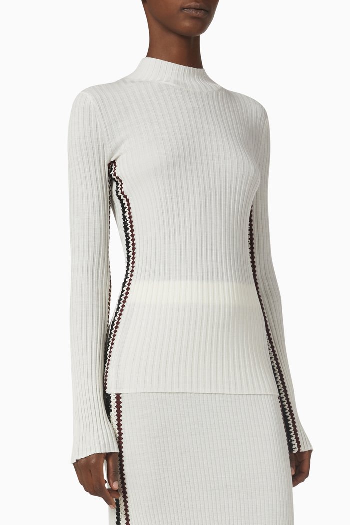 

Crochet Fitted High Neck Sweater in Wool, White