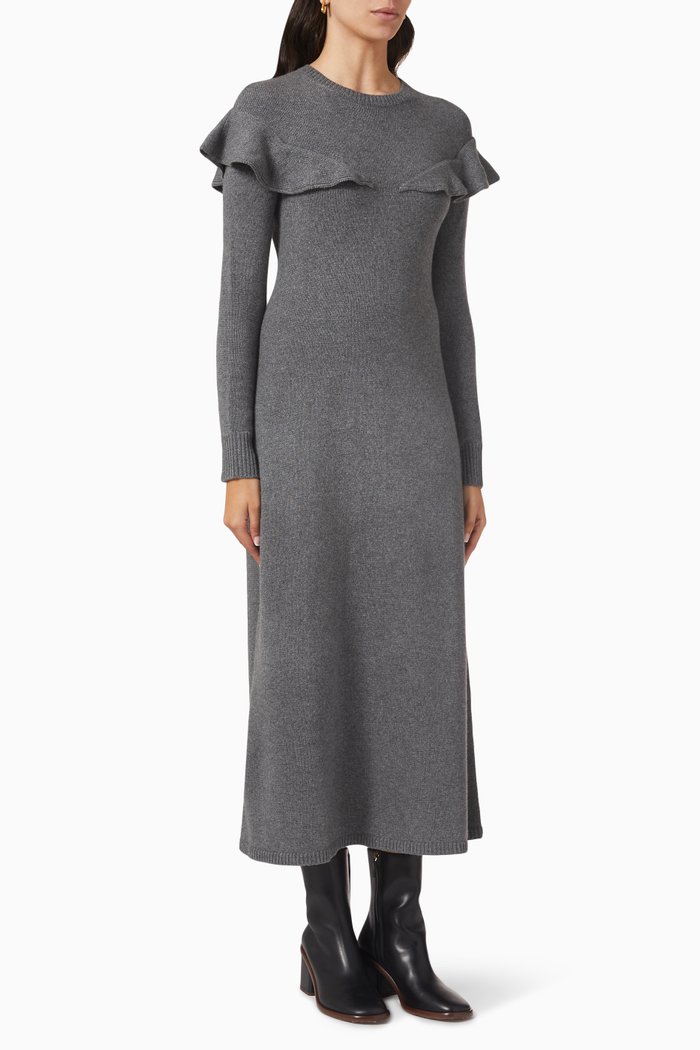 

Ruffled Midi Dress in Recycled Cashmere Knit, Grey