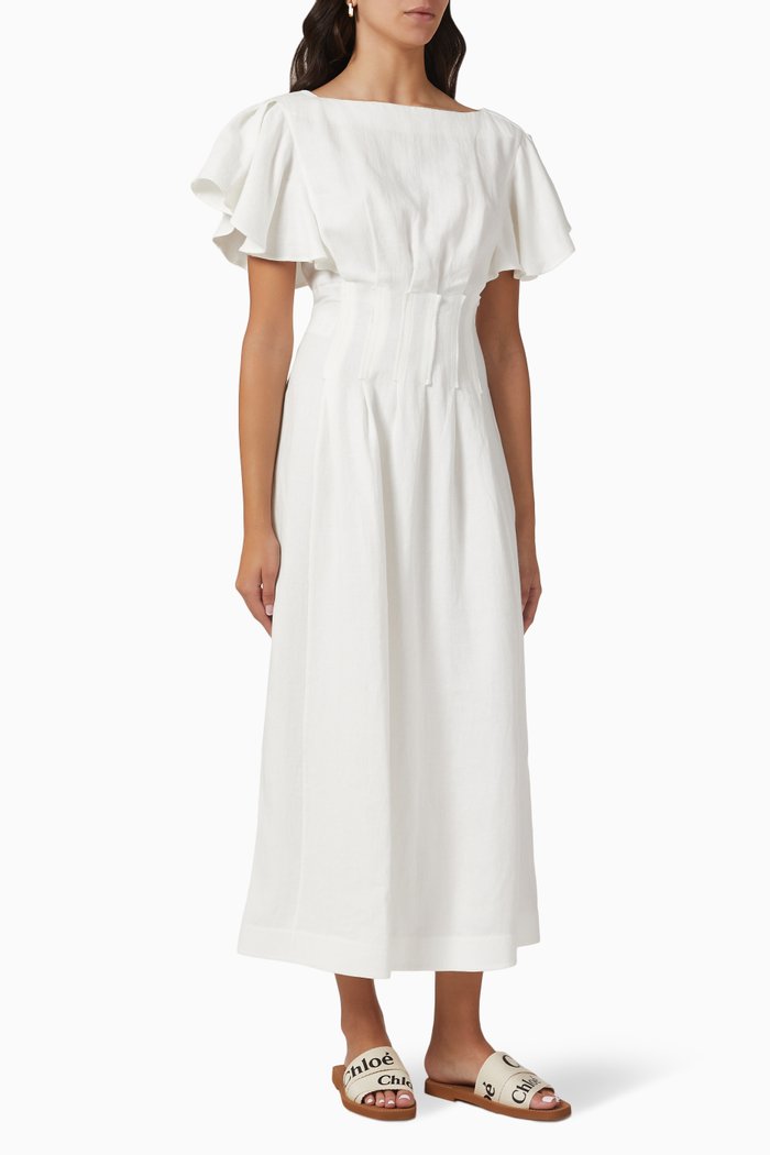 

Ruffled Corset Dress in Washed Linen, White