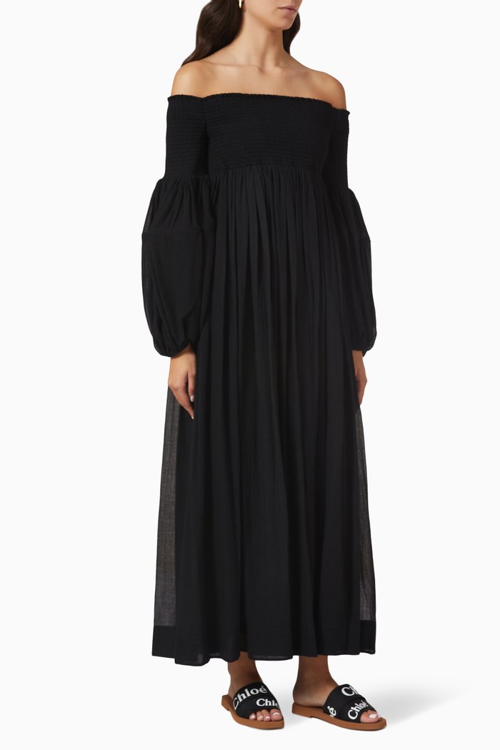 

Off-the-shoulders Dress in Wool Gauze, Black