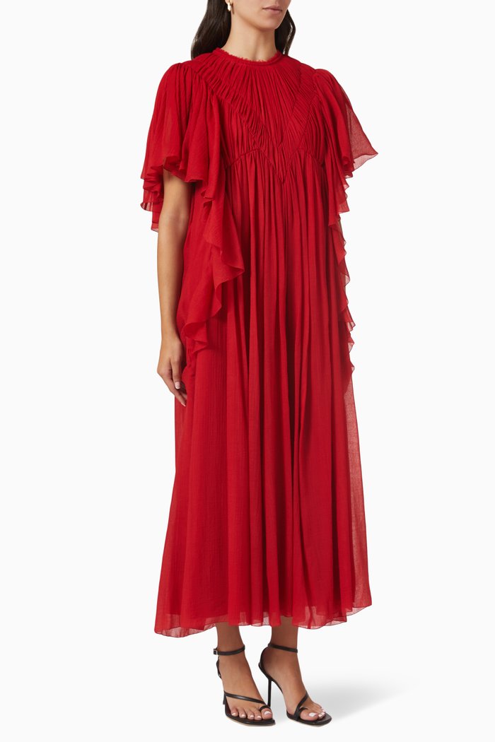 

Ruffled Dress in Wool Gauze, Red