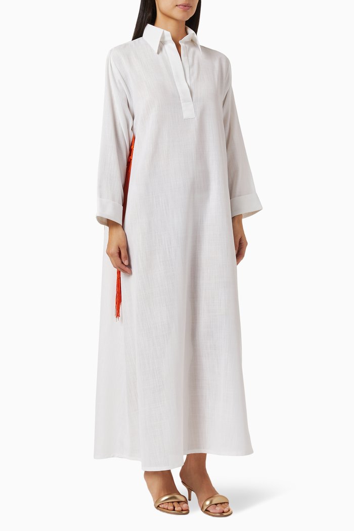 

Collared Fringed Dress in Linen, White