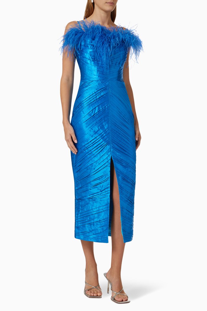 

Feather Pleated Midi Dress in Satin, Blue