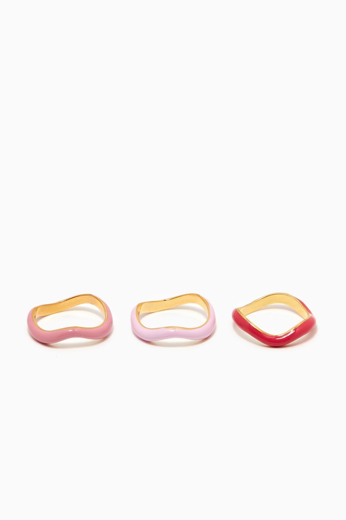 

Enamel Wave Rings in 18k Gold-plated Brass, Set of 3, Pink
