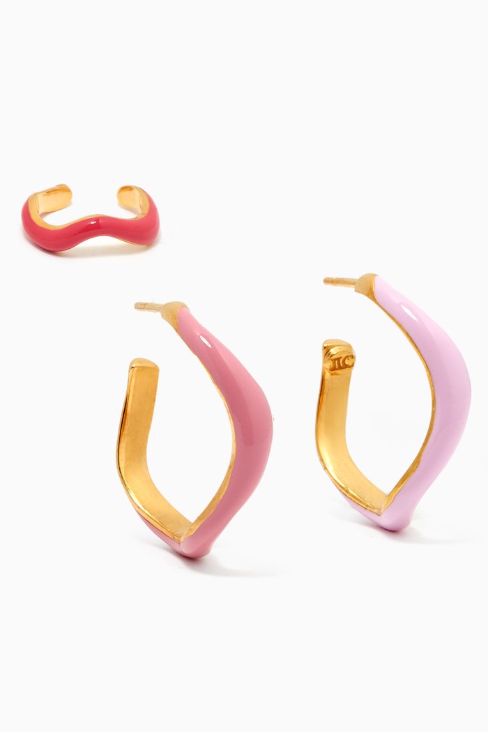 Enamel Wave Hoop Earrings & Ear Cuff Set, Pink