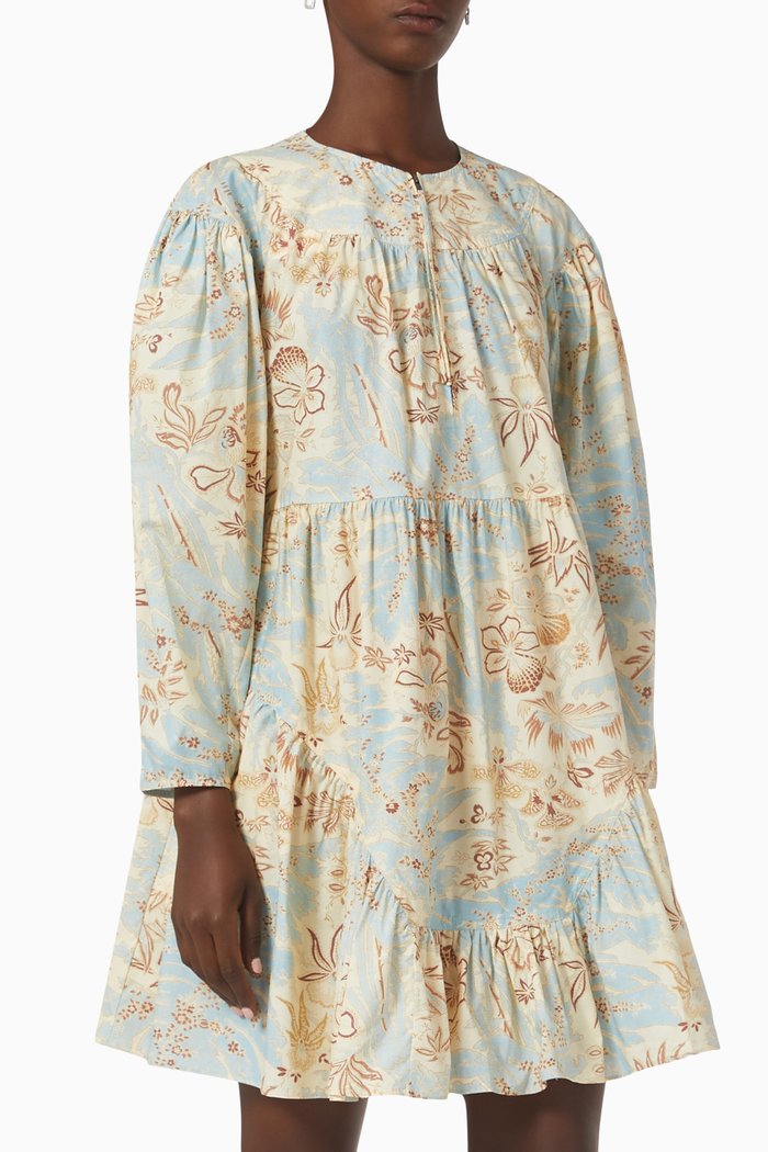 

Leiko Floral Tiered Mini Dress in Cotton Poplin, Blue