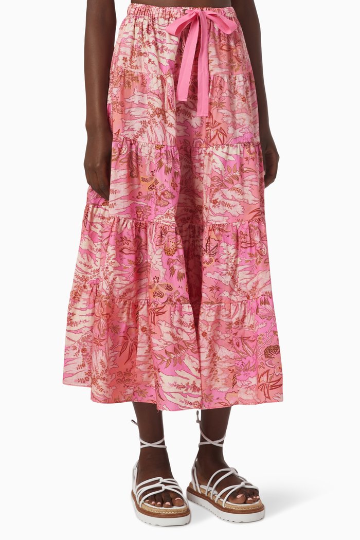 

Makana Floral Tiered Midi Skirt in Cotton Poplin, Pink