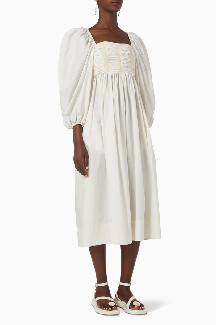 

Lelani Puff Sleeve Midi Dress in Cotton Poplin, White