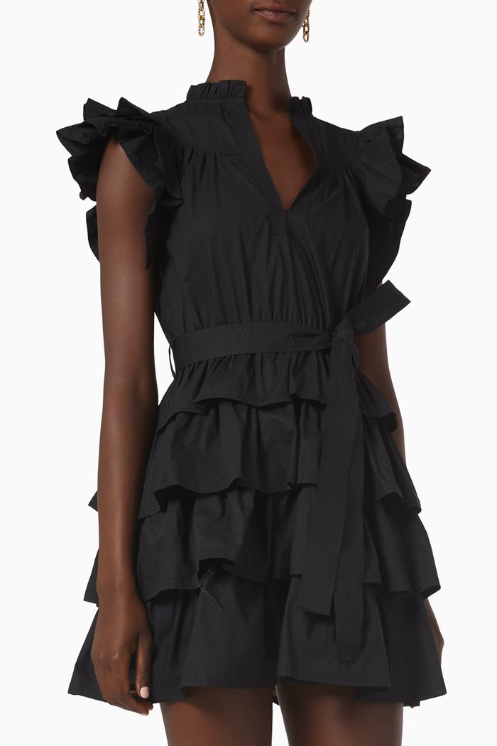 

Lulua Belted Ruffle Mini Dress in Cotton Poplin, Black