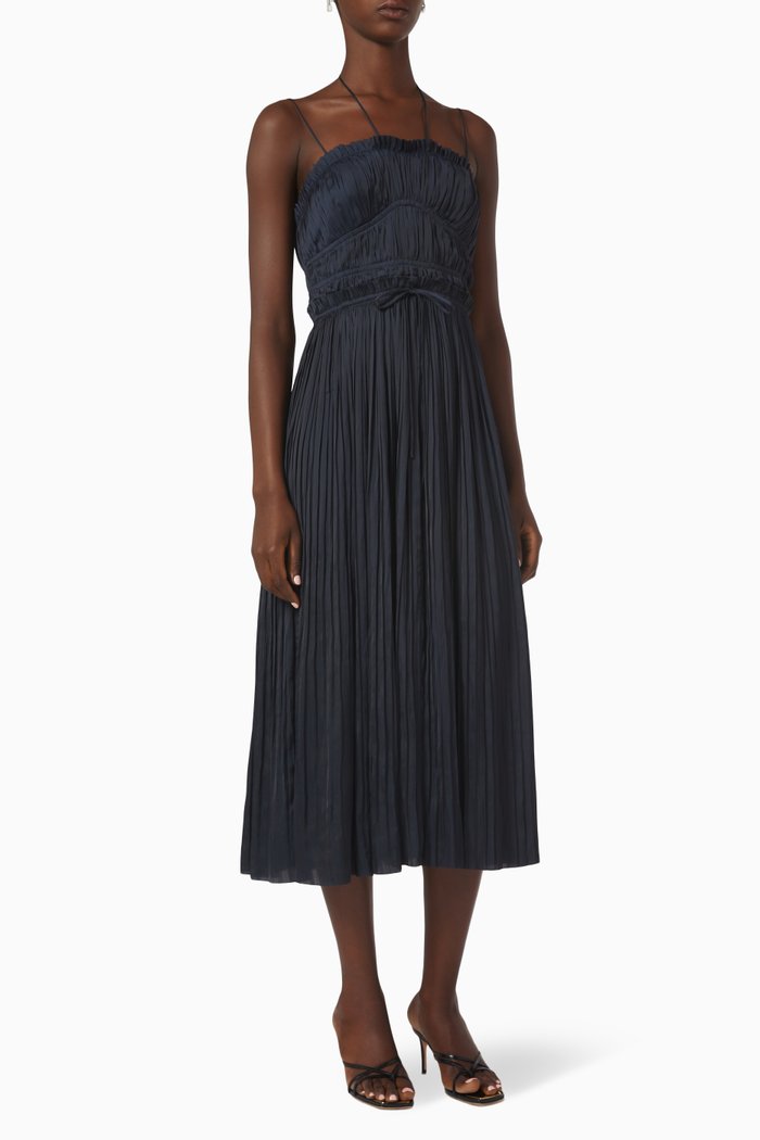 

Neveah Pleated Midi Dress in Plissé Satin, Blue