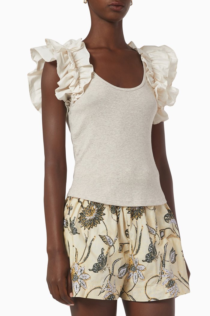 Koa Ruffle Sleeve Top in Ribbed Cotton Knit, Neutral