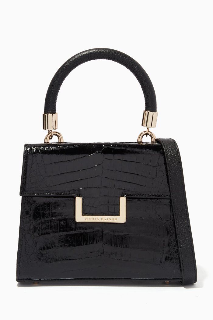 

Michelle Mini Top Handle Bag in Crocodile Leather, Black
