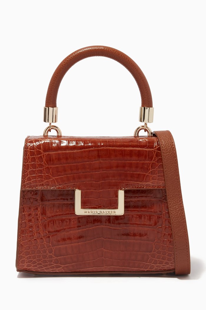 

Michelle Mini Top Handle Bag in Crocodile Leather, Brown