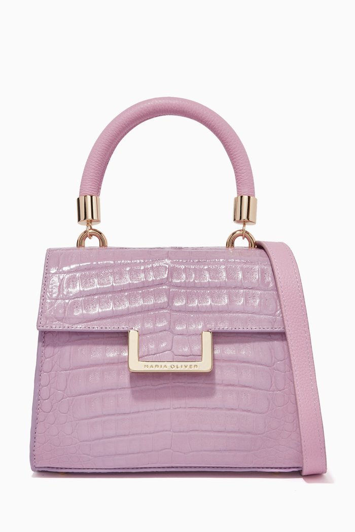 

Michelle Mini Top Handle Bag in Crocodile Leather, Purple