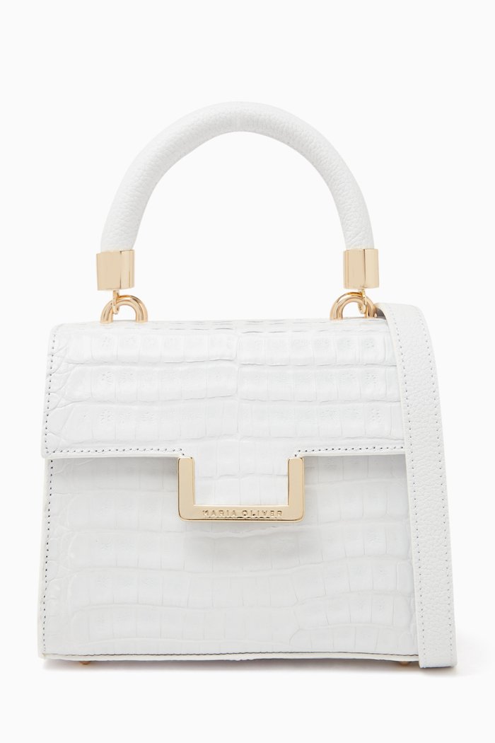

Michelle Mini Top Handle Bag in Crocodile Leather, White