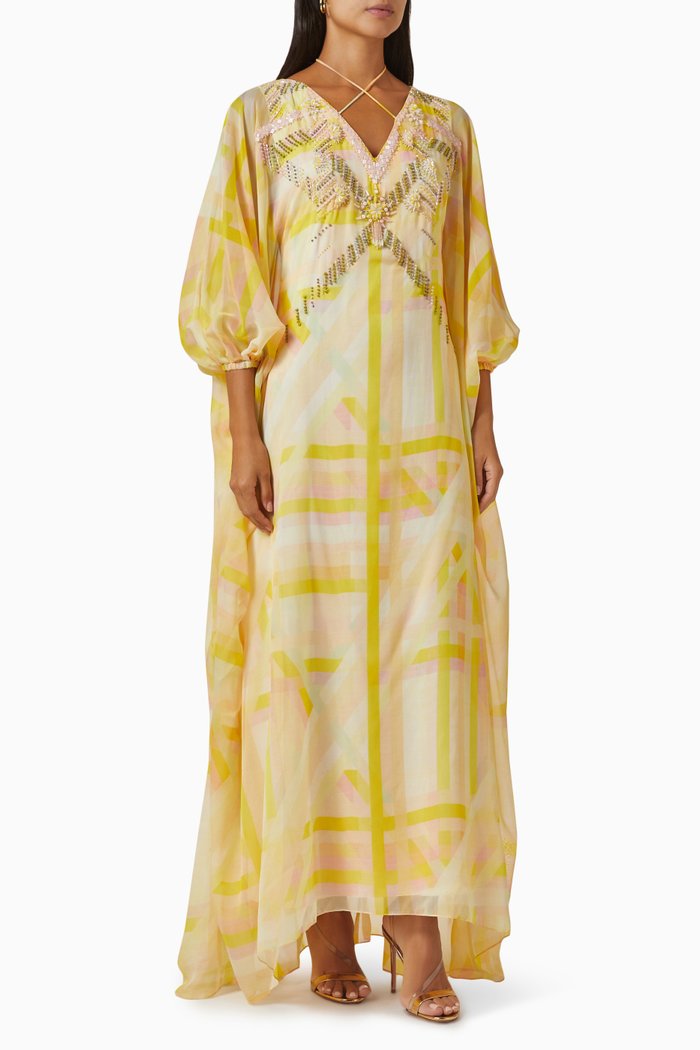 

3D Embellished Kaftan in Linen, Orange