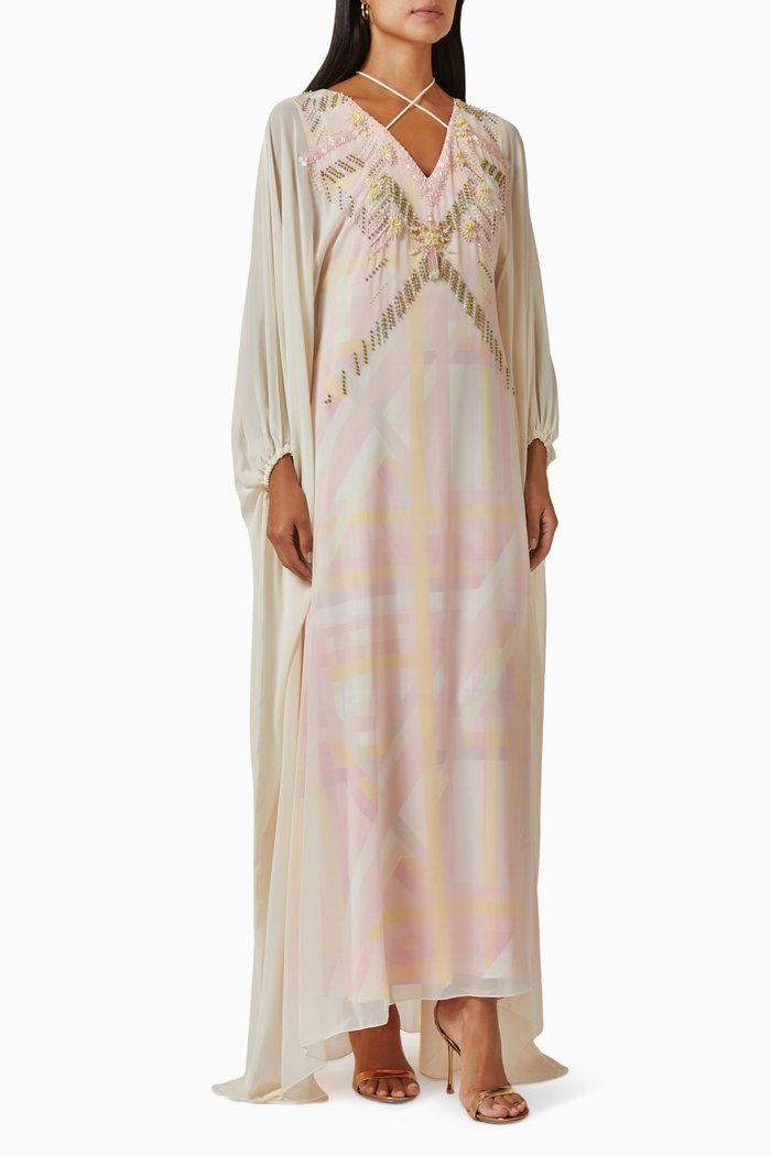 

3D Embellished Kaftan in Linen, Pink