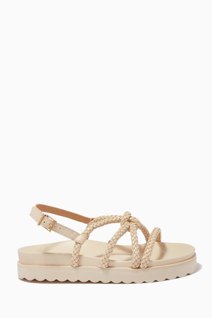 Papete Straps Flat Sandals in Leather, Neutral