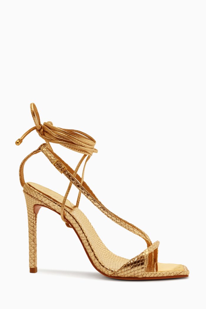 

Vikki 100mm Heel Sandals in Lizard-print Metallic Leather, Gold