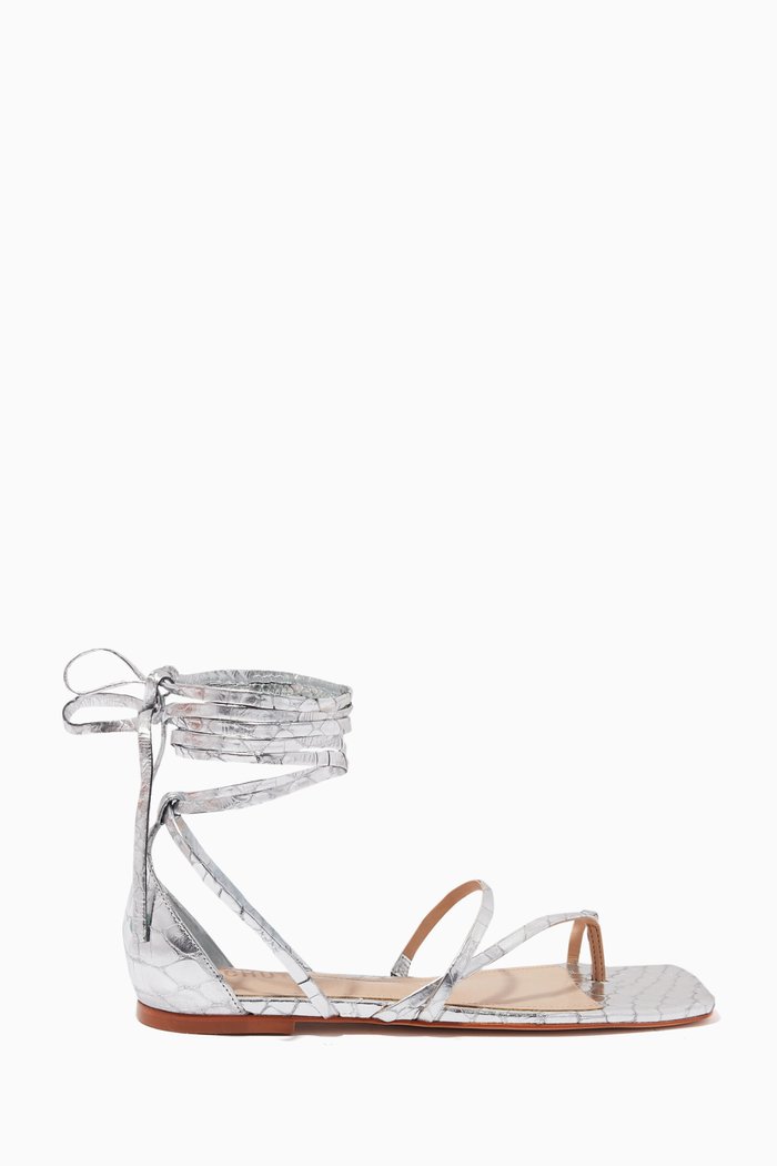 

Krist Flat Sandals in Croc-embossed Metallic Leather, Silver