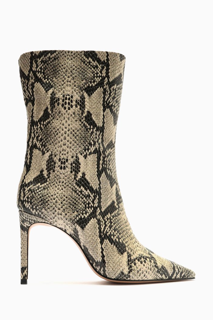 Mary 100mm Heel Boots in Snake-embossed Leather, Grey