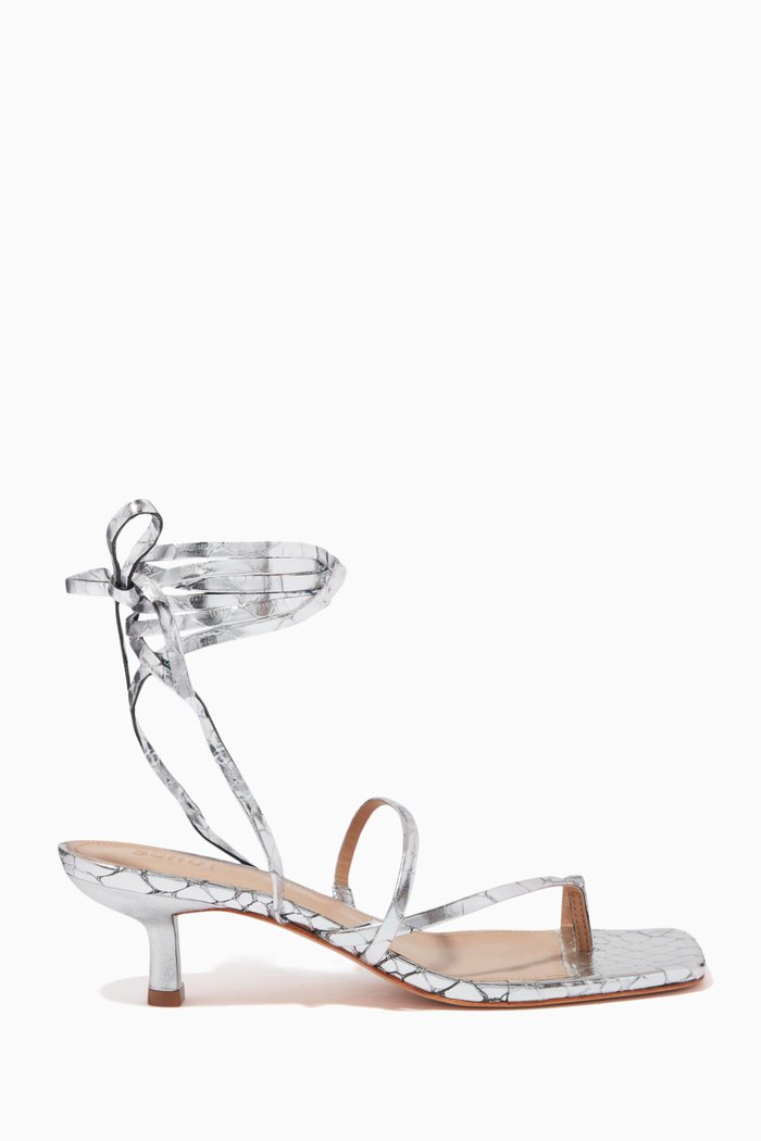 

Krist 75mm Heel Sandals in Croc-embossed Metallic Leather, Silver