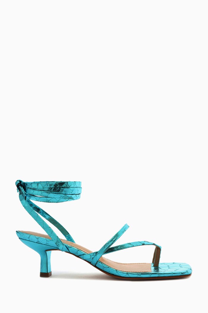

Krist 75mm Heel Sandals in Croc-embossed Metallic Leather, Blue