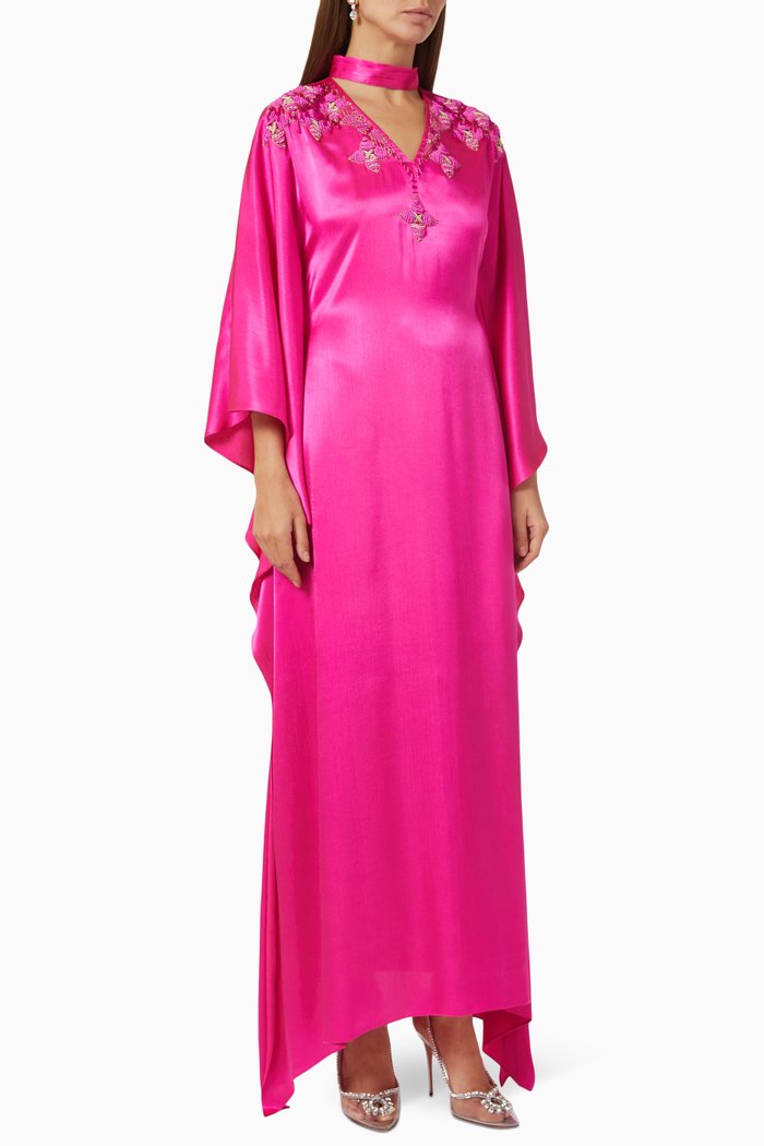 

Moon Flower Embroidered Kaftan in Crepe Satin, Pink