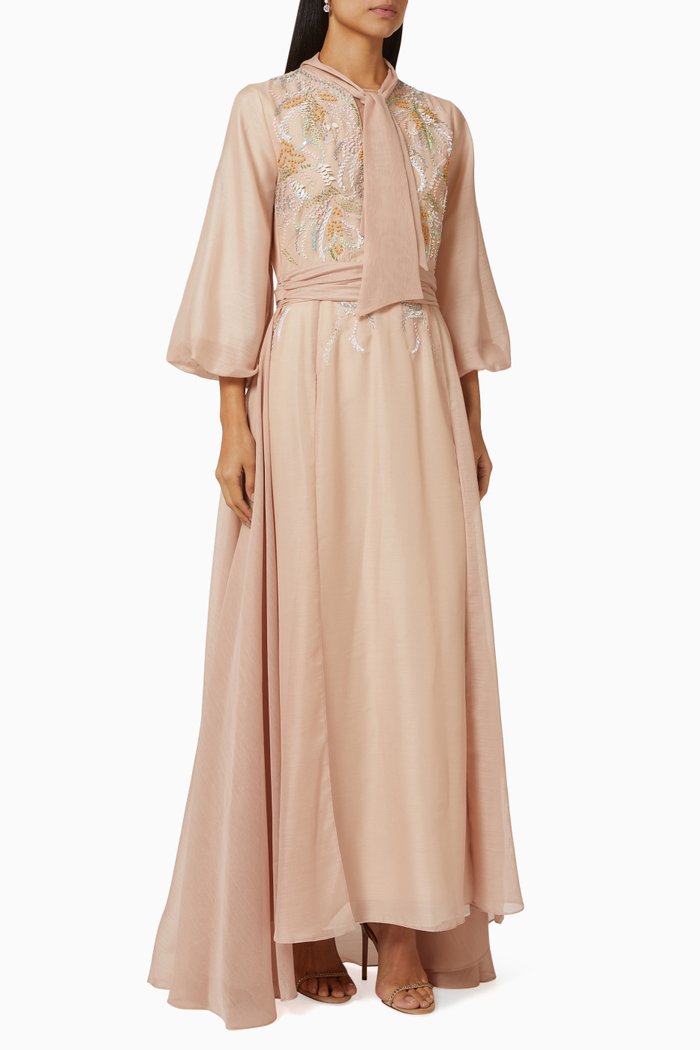 

Embroidered Maxi Dress in Cotton & Linen, Pink