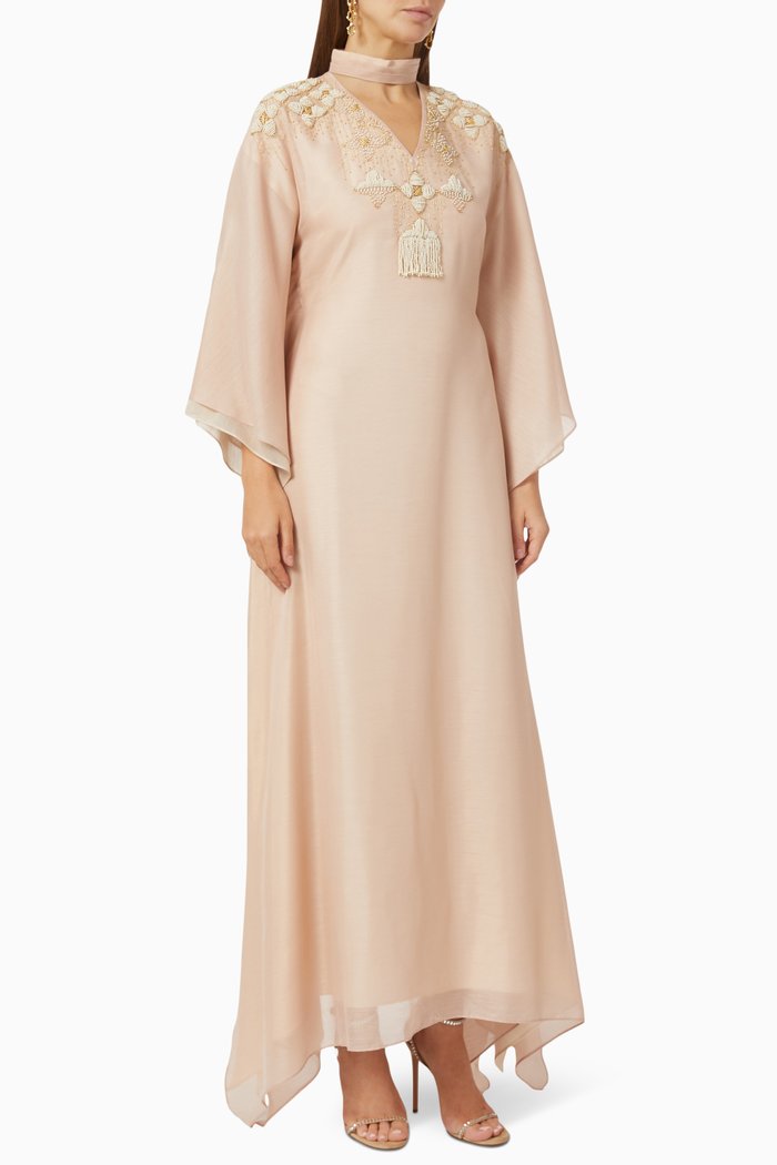 

Moon Flower Embroidered Kaftan in Linen, Neutral