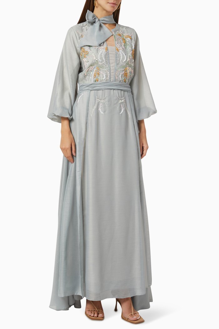 Bow Tie Embellished Gown in Cotton-linen, Grey