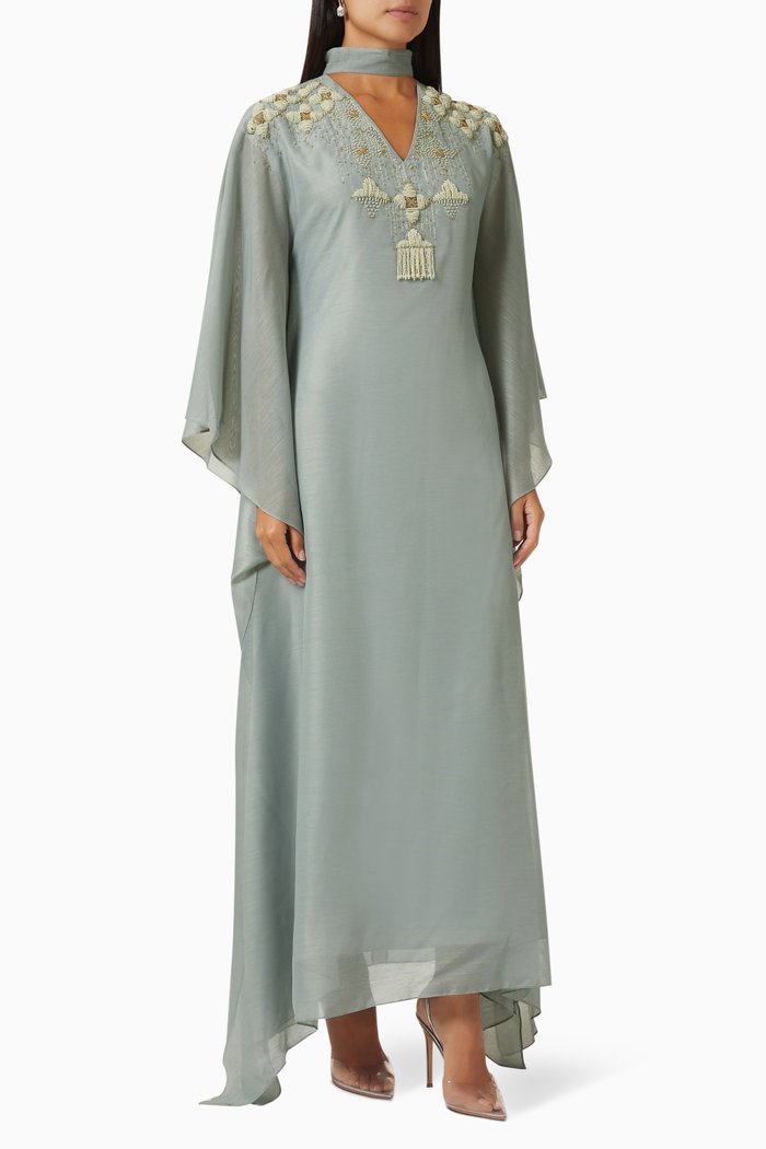 

Moon Flower Embroidered Kaftan in Linen, Grey