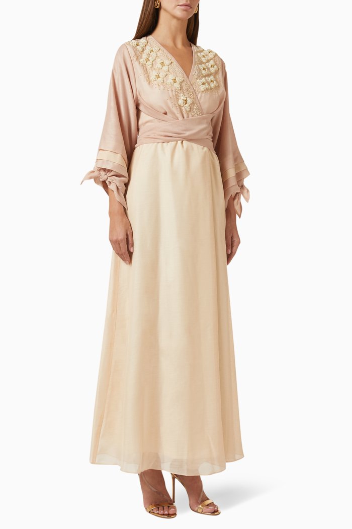 

Embroidered Wrap-around Maxi Dress in Cotton, Pink