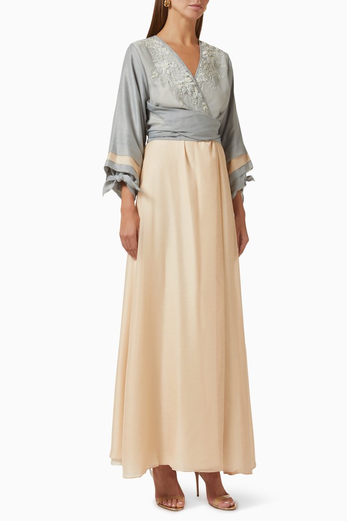 

Moon Flower Colour-block Wrap Kaftan in Linen, Grey