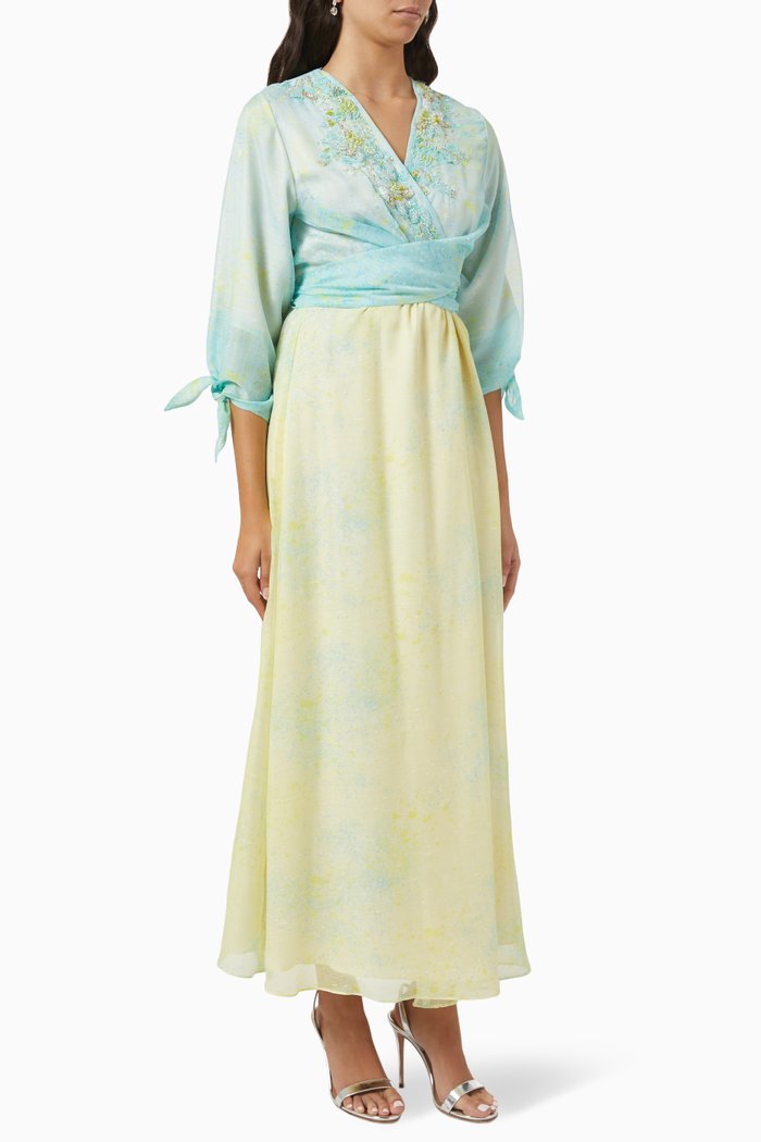 

Moon Flower Embroidered Two-tone Dress in Linen, Blue