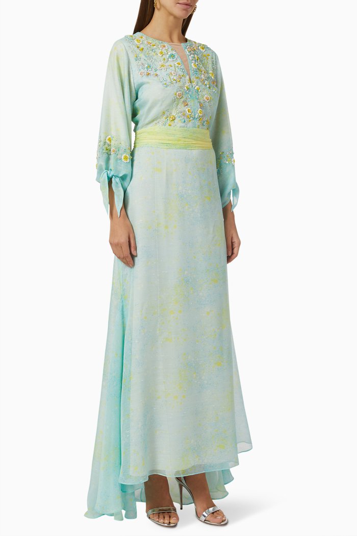 

Yellow Skies Floral Embellished Maxi Dress in Cotton-linen, Blue