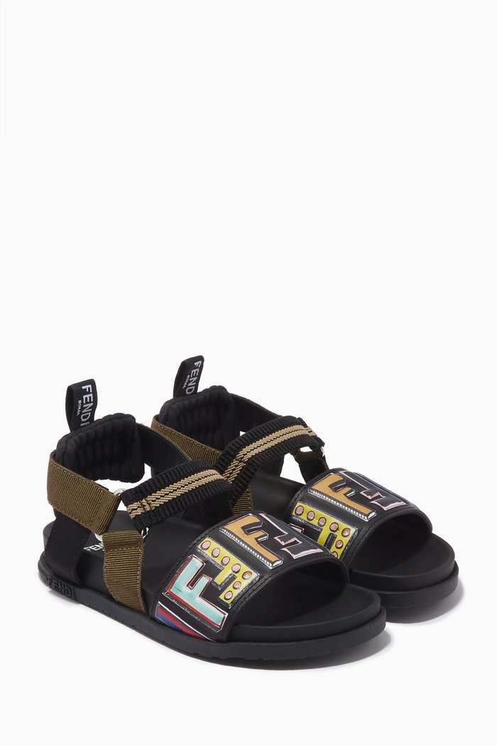 

FF Logo Sandals in Leather & Canvas, Black