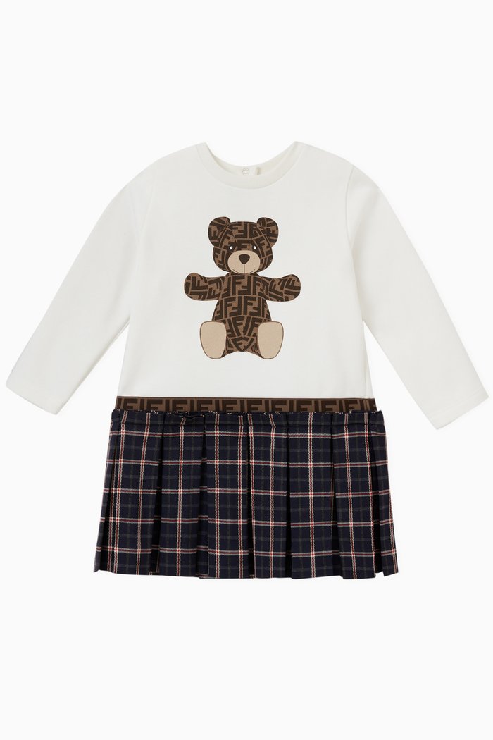 

Teddy Bear Checkered Dress in Cotton, White