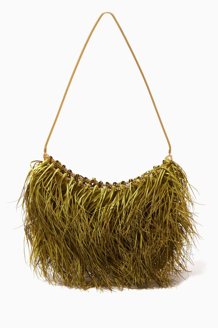 

L'Oiseau du Paradis Feather Baguette Bag in Crepe Satin, Green
