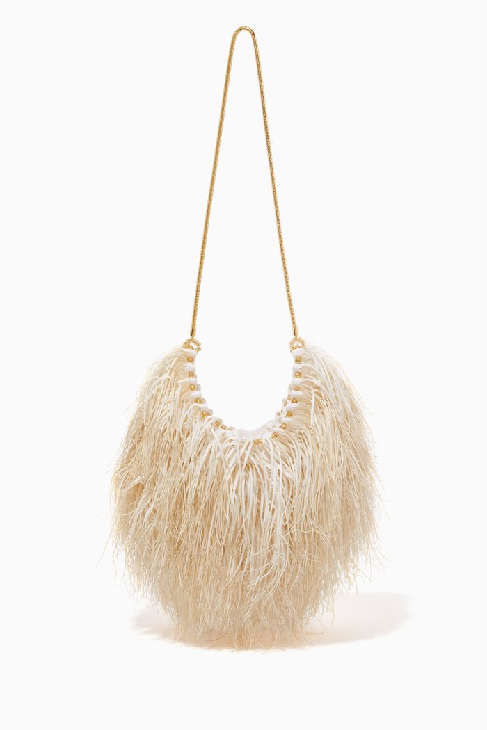 

L'Oiseau du Paradis Feather Baguette Bag in Crepe Satin, White